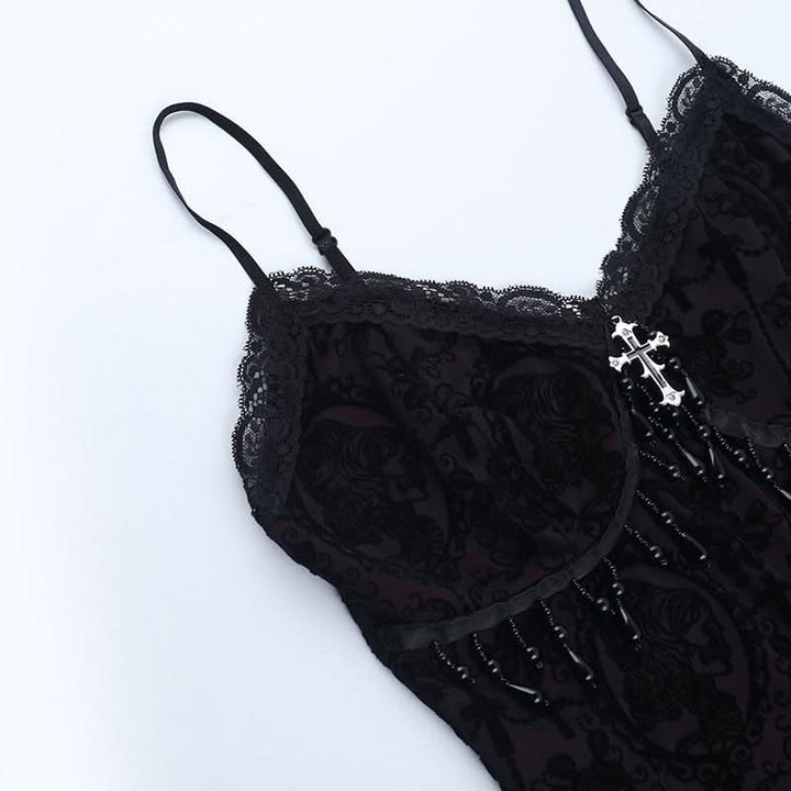 Lace hem v neck beaded print cami top  | Festival Outfits Women