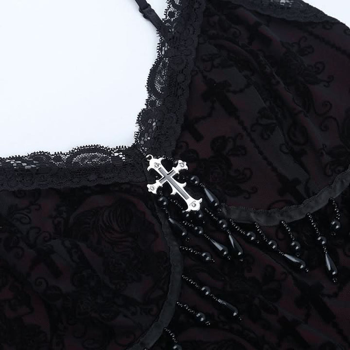 Lace hem v neck beaded print cami top  | Festival Outfits Women