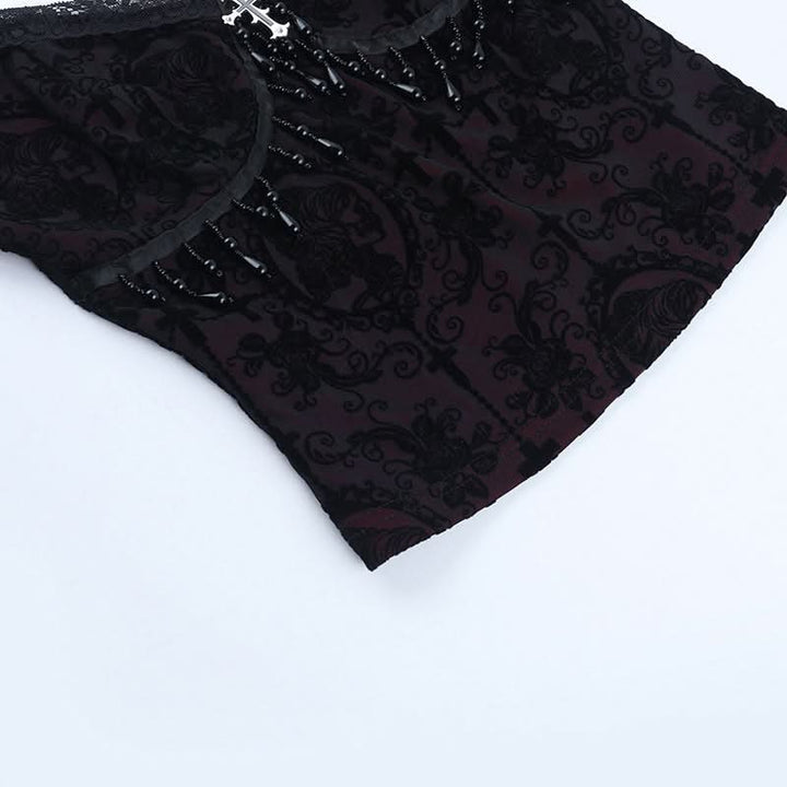 Lace hem v neck beaded print cami top  | Festival Outfits Women