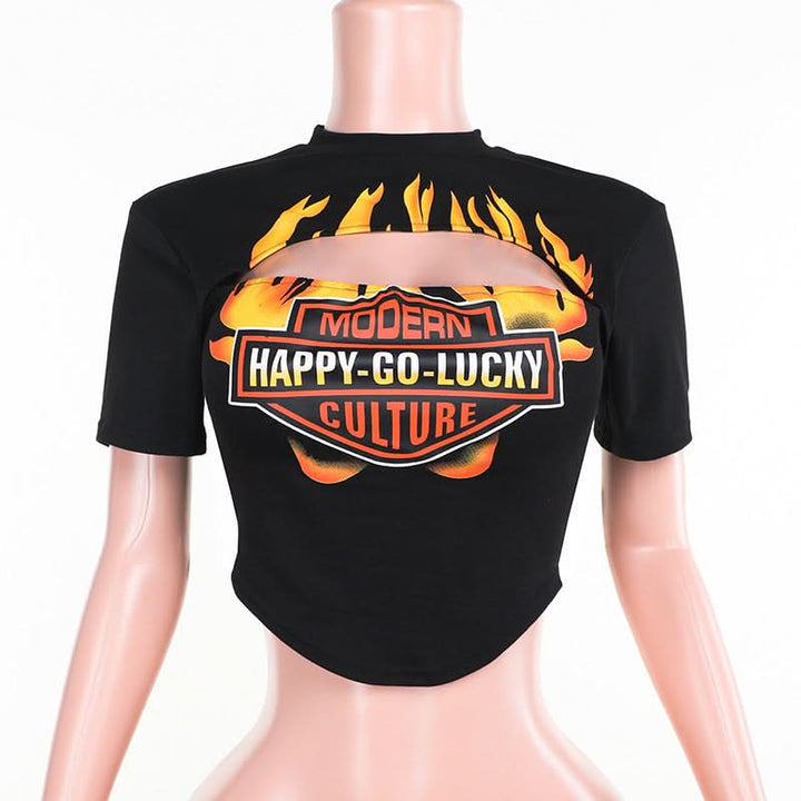 Short sleeve crewneck hollow out letter print cut out top  | Festival Outfits Women