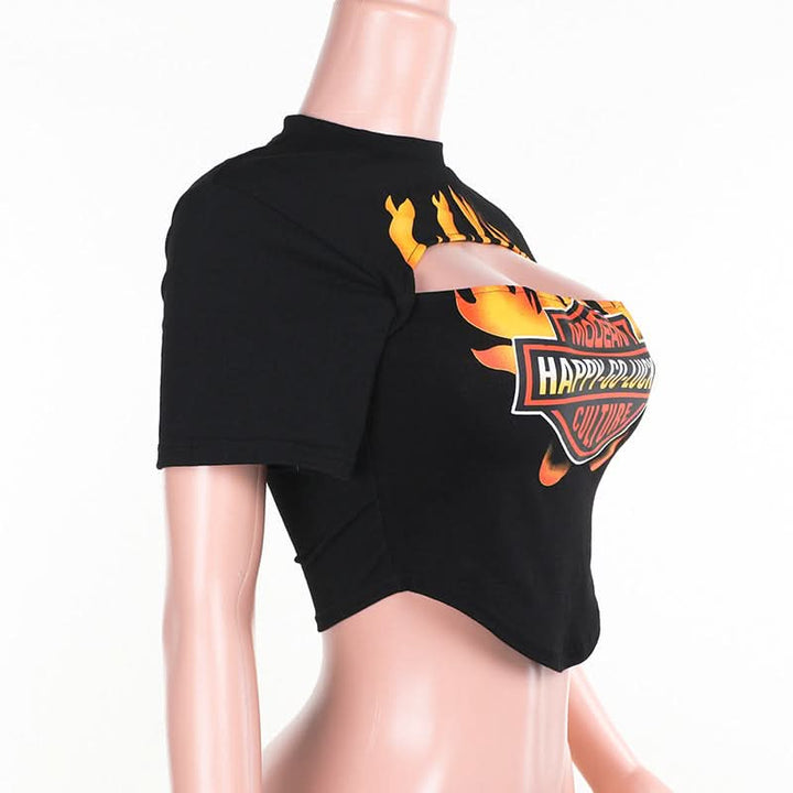 Short sleeve crewneck hollow out letter print cut out top  | Festival Outfits Women