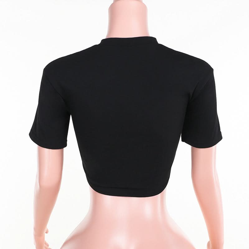 Short sleeve crewneck hollow out letter print cut out top  | Festival Outfits Women