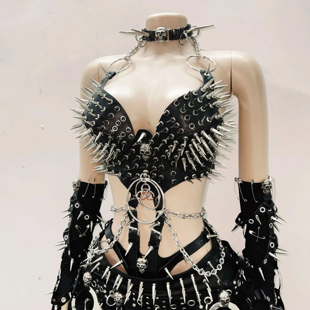 O ring PU leather rivet applique metal chain top  | Festival Outfits Women