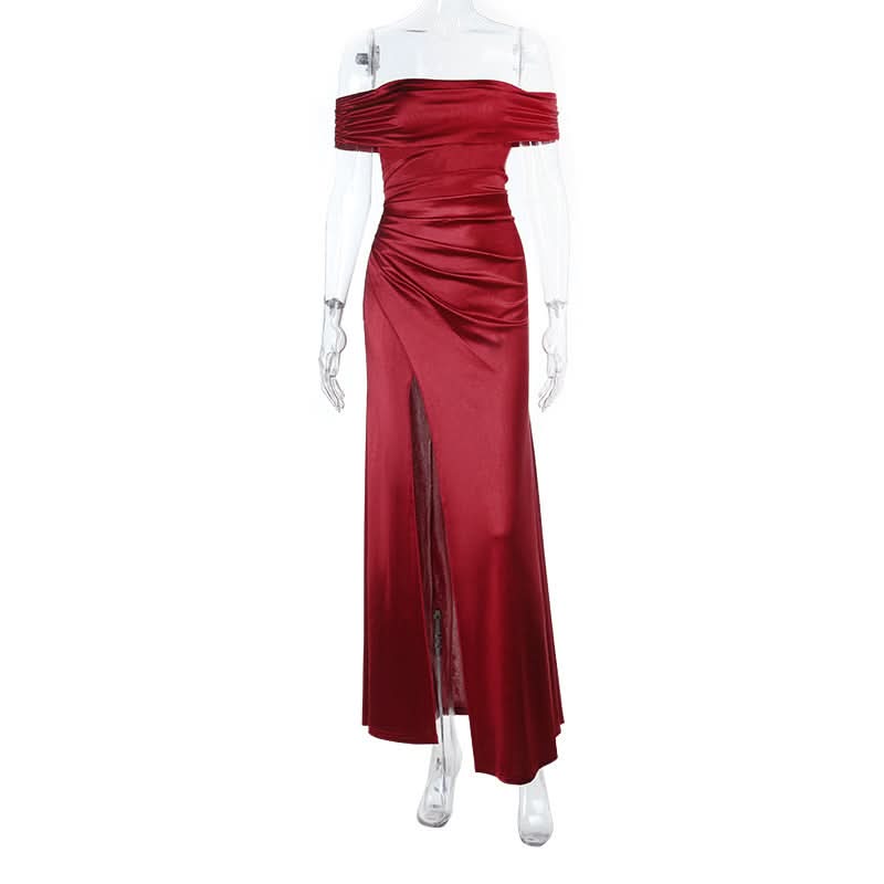 Off shoulder satin slit ruched maxi dress  | Festival Outfits Women