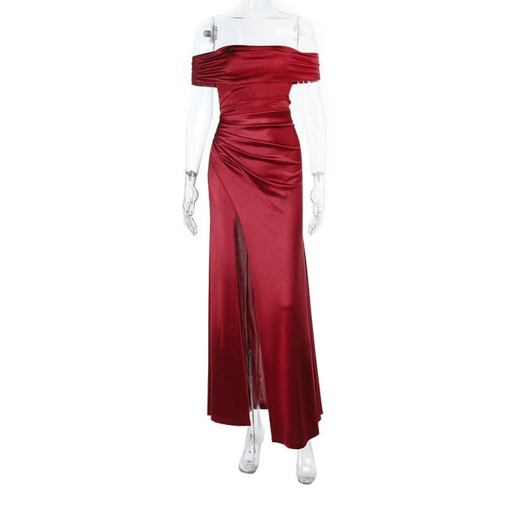 Off shoulder satin slit ruched maxi dress  | Festival Outfits Women