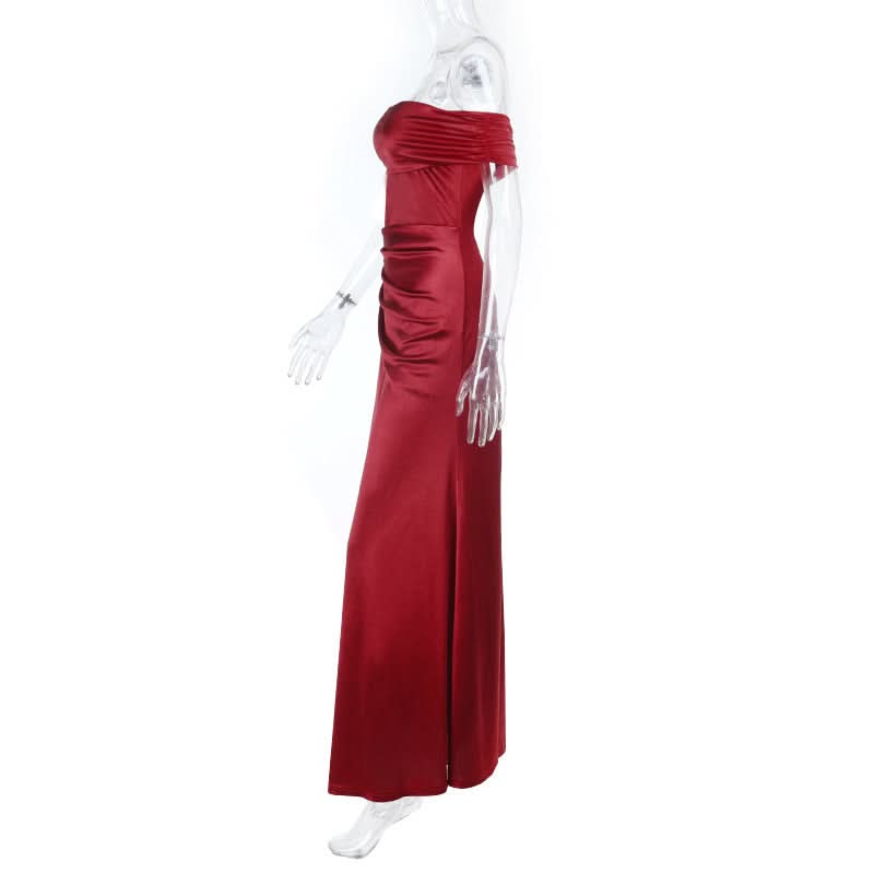 Off shoulder satin slit ruched maxi dress  | Festival Outfits Women