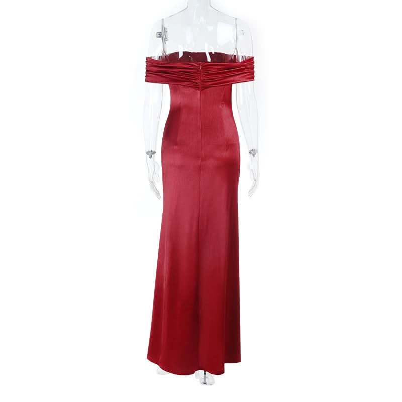 Off shoulder satin slit ruched maxi dress  | Festival Outfits Women