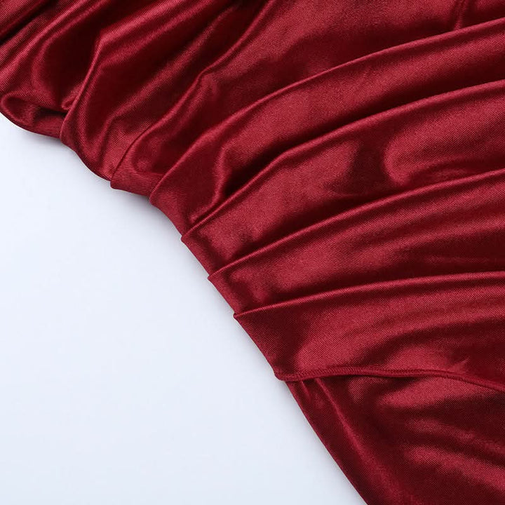 Off shoulder satin slit ruched maxi dress  | Festival Outfits Women