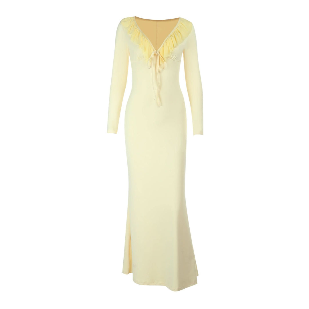 Ruffle v neck self tie long sleeve maxi dress  | Festival Outfits Women