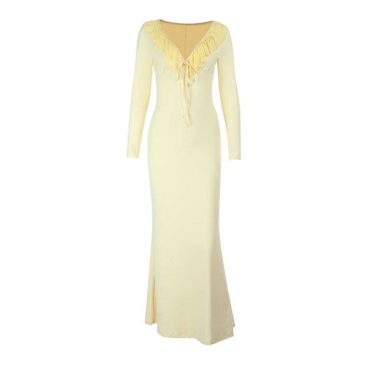 Ruffle v neck self tie long sleeve maxi dress  | Festival Outfits Women