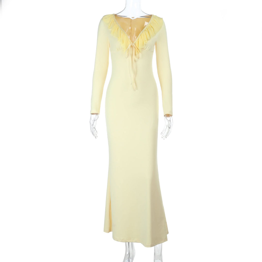 Ruffle v neck self tie long sleeve maxi dress  | Festival Outfits Women