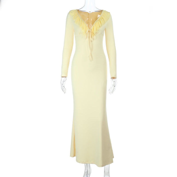 Ruffle v neck self tie long sleeve maxi dress  | Festival Outfits Women