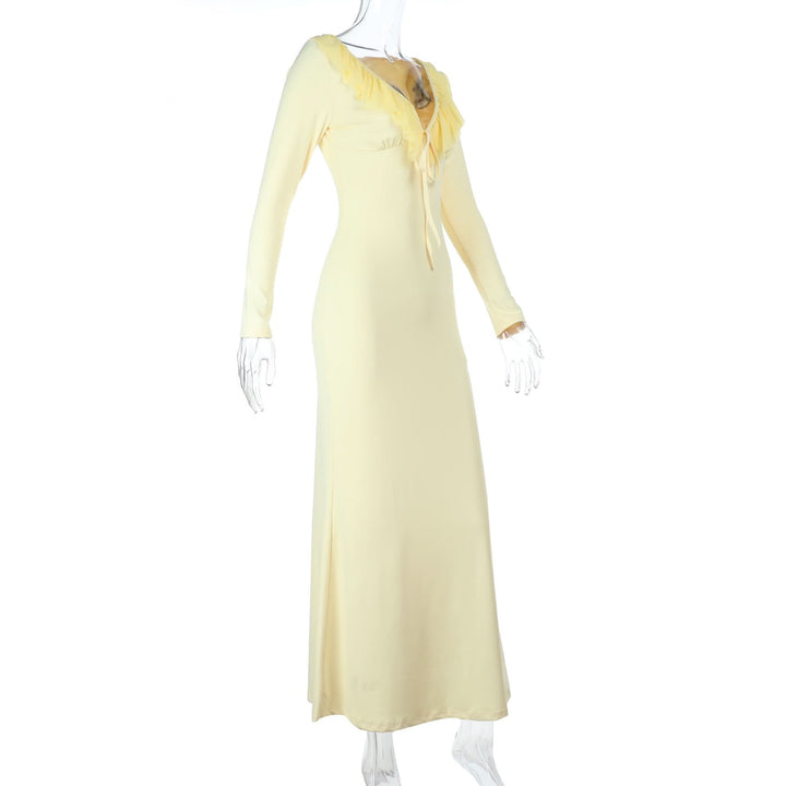 Ruffle v neck self tie long sleeve maxi dress  | Festival Outfits Women