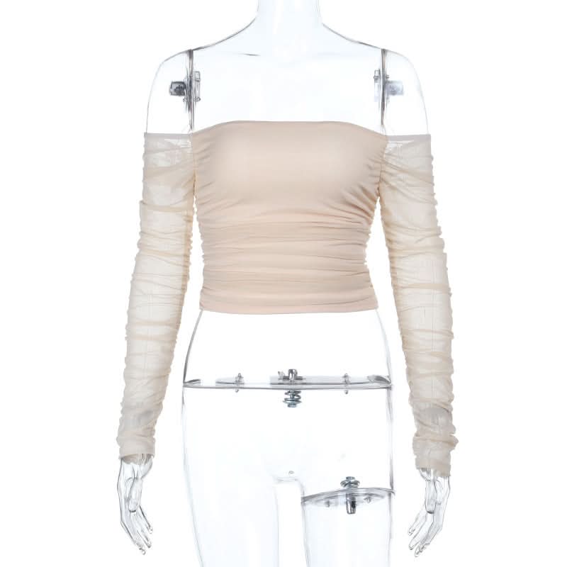 Long sleeve off shoulder ruched mesh tube top  | Festival Outfits Women