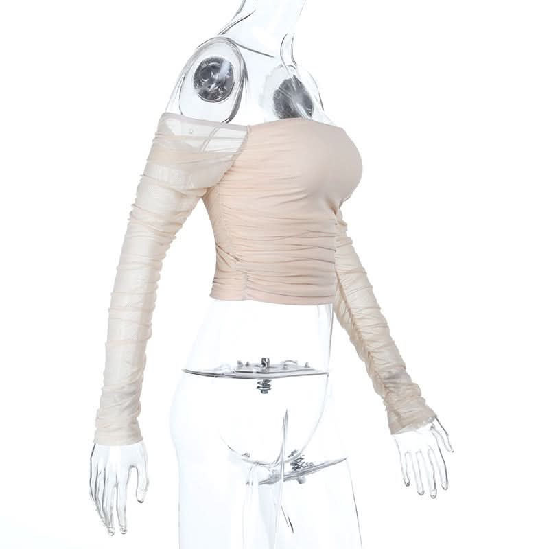 Long sleeve off shoulder ruched mesh tube top  | Festival Outfits Women