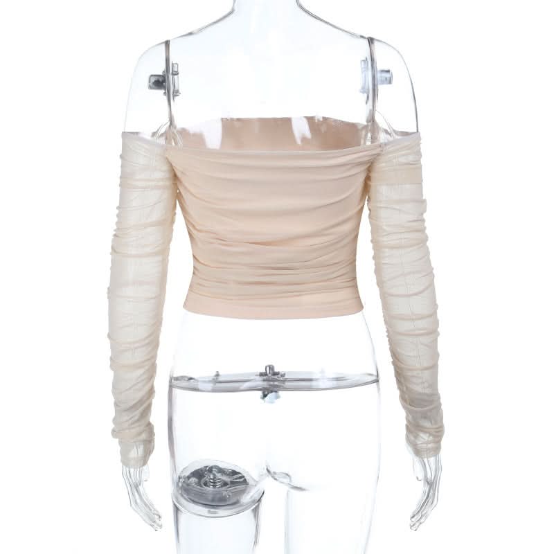 Long sleeve off shoulder ruched mesh tube top  | Festival Outfits Women