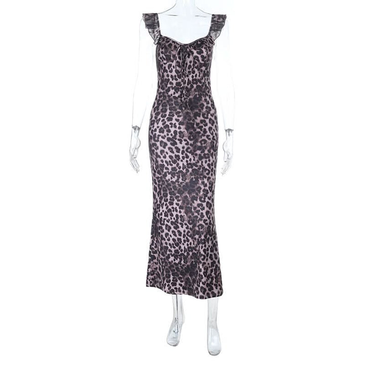 Leopard print ruffle self tie v neck maxi dress  | Festival Outfits Women