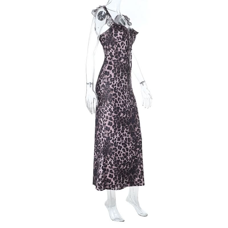 Leopard print ruffle self tie v neck maxi dress  | Festival Outfits Women