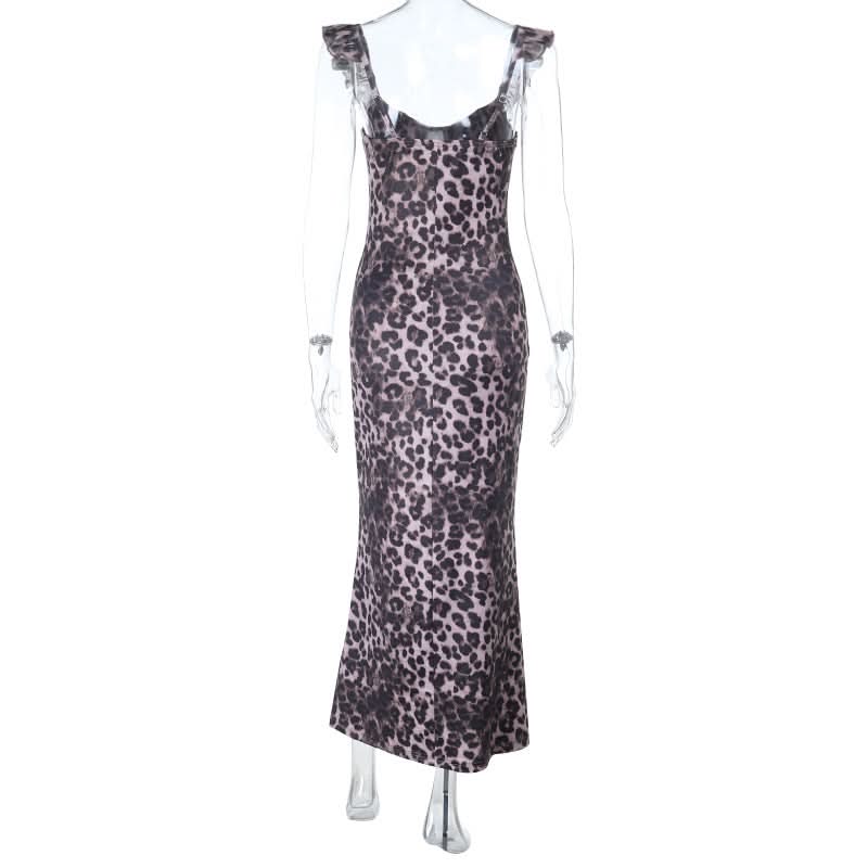 Leopard print ruffle self tie v neck maxi dress  | Festival Outfits Women