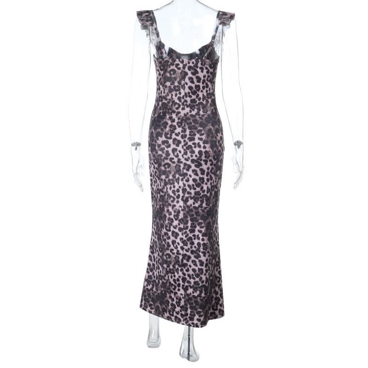 Leopard print ruffle self tie v neck maxi dress  | Festival Outfits Women