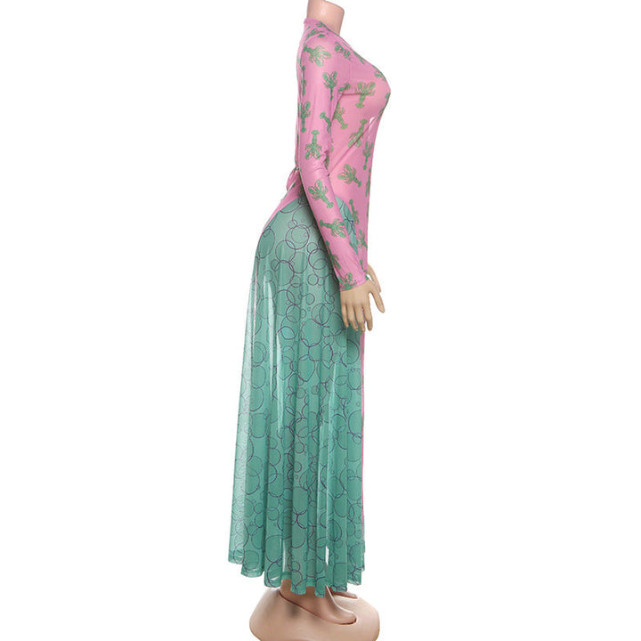 Long sleeve mesh crewneck print maxi dress  | Festival Outfits Women