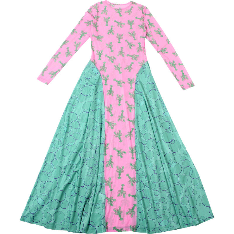 Long sleeve mesh crewneck print maxi dress  | Festival Outfits Women