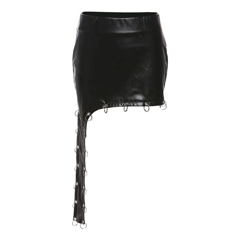 Irregular o ring PU leather hollow out cut out mini skirt Cargo Mini Skirt  | Festival Outfits Women
