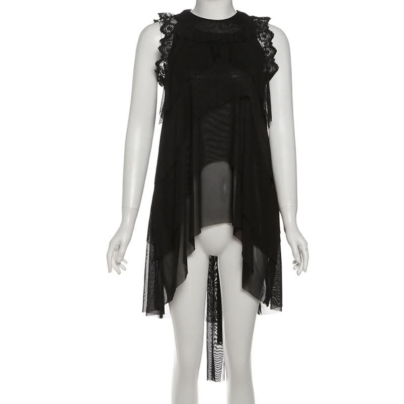 Crewneck lace hem mesh self tie solid top  | Festival Outfits Women-final-sale