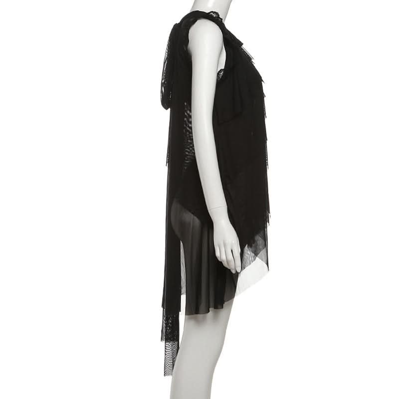 Crewneck lace hem mesh self tie solid top  | Festival Outfits Women-final-sale