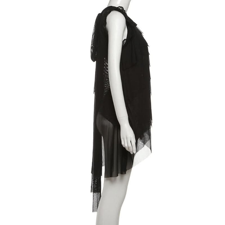 Crewneck lace hem mesh self tie solid top  | Festival Outfits Women-final-sale