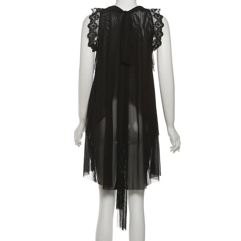 Crewneck lace hem mesh self tie solid top  | Festival Outfits Women-final-sale