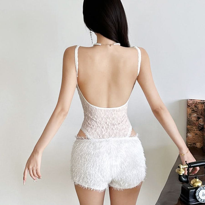Lace u neck button beaded cami bodysuit  | Festival Outfits Women
