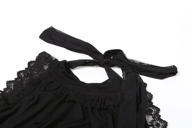 Crewneck lace hem mesh self tie solid top  | Festival Outfits Women-final-sale