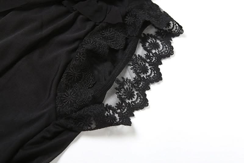 Crewneck lace hem mesh self tie solid top  | Festival Outfits Women-final-sale