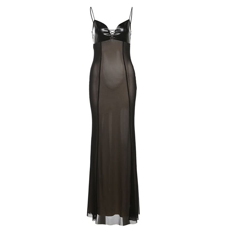 Mesh v neck PU leather spaghetti strap maxi dress  | Festival Outfits Women