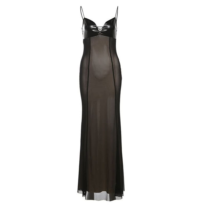 Mesh v neck PU leather spaghetti strap maxi dress  | Festival Outfits Women
