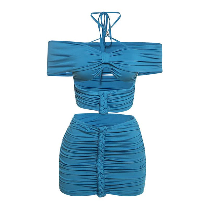 Halter self tie ruched off shoulder mini skirt set  | Festival Outfits Women