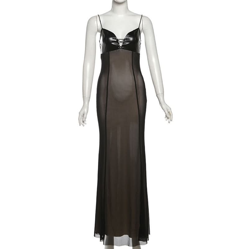 Mesh v neck PU leather spaghetti strap maxi dress  | Festival Outfits Women