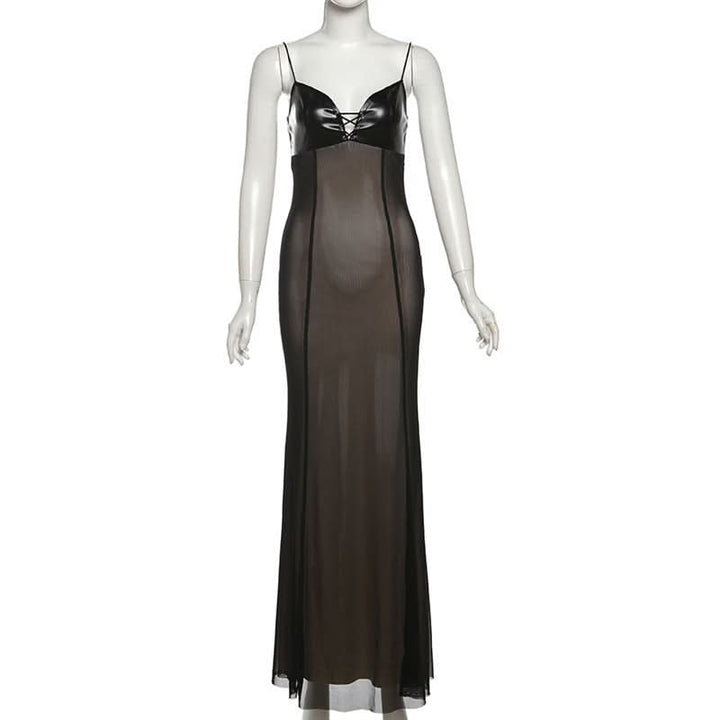 Mesh v neck PU leather spaghetti strap maxi dress  | Festival Outfits Women