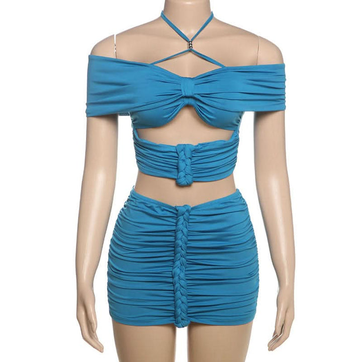 Halter self tie ruched off shoulder mini skirt set  | Festival Outfits Women