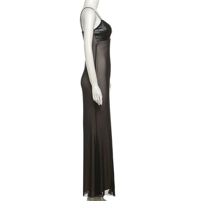 Mesh v neck PU leather spaghetti strap maxi dress  | Festival Outfits Women