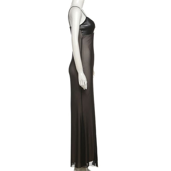 Mesh v neck PU leather spaghetti strap maxi dress  | Festival Outfits Women