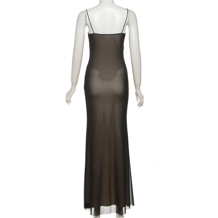 Mesh v neck PU leather spaghetti strap maxi dress  | Festival Outfits Women