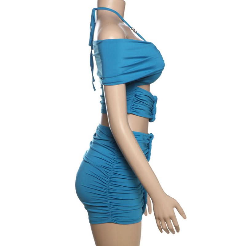 Halter self tie ruched off shoulder mini skirt set  | Festival Outfits Women