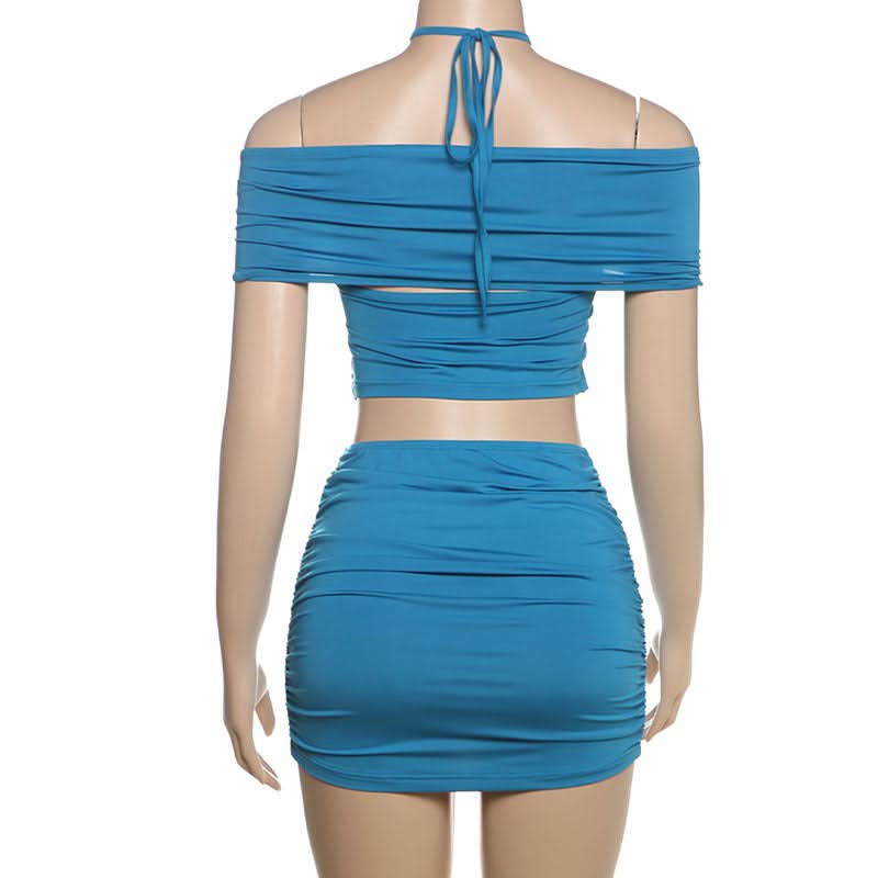 Halter self tie ruched off shoulder mini skirt set  | Festival Outfits Women