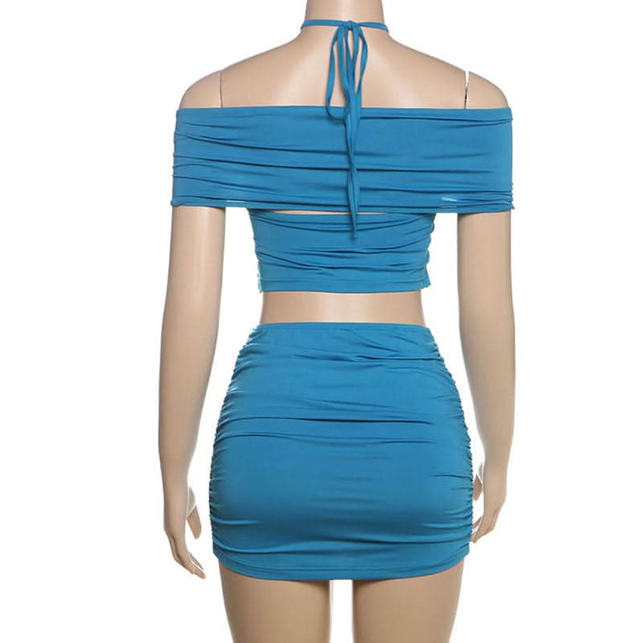 Halter self tie ruched off shoulder mini skirt set  | Festival Outfits Women