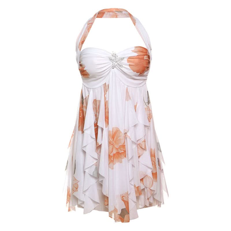 Halter ruched flower print ruffle mini dress  | Festival Outfits Women