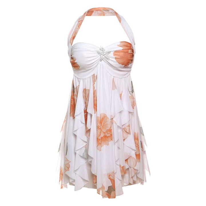 Halter ruched flower print ruffle mini dress  | Festival Outfits Women