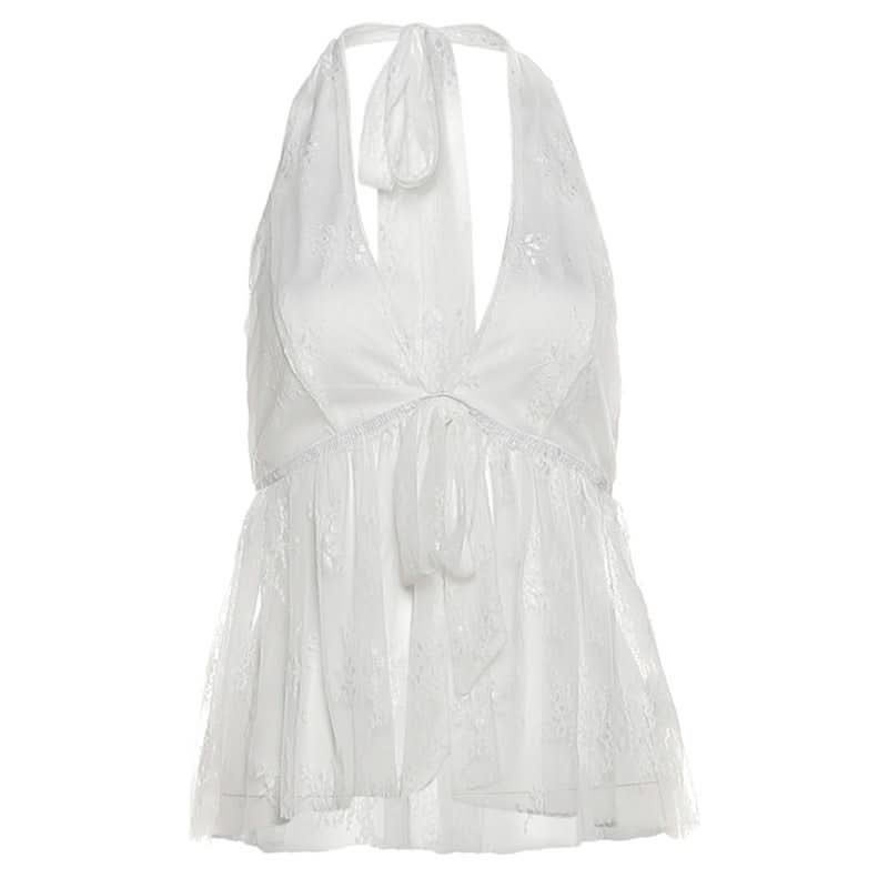 Halter self tie v neck lace backless top  | Festival Outfits Women