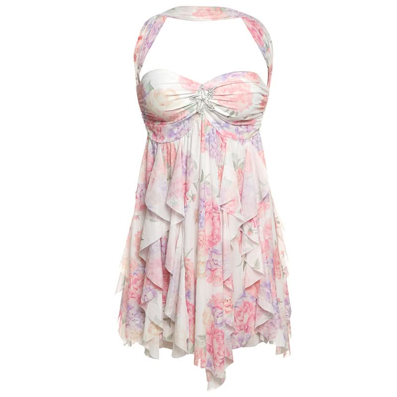 Halter ruched flower print ruffle mini dress  | Festival Outfits Women